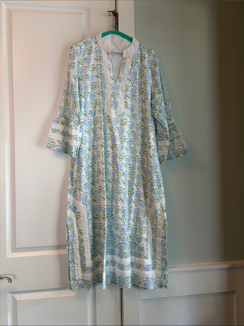 Light Blue & Green Floral Cotton Women's Dress
